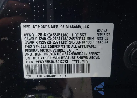 2018 Honda Pilot Ex из США, поврежденный, VIN 5FNYF5H36JB012573